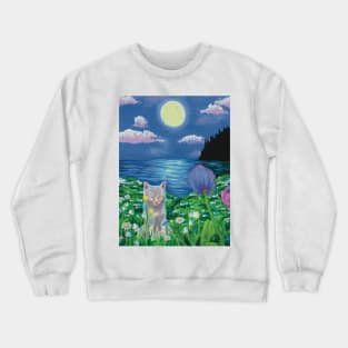 Calm landscape and cute cat cottagecore Crewneck Sweatshirt